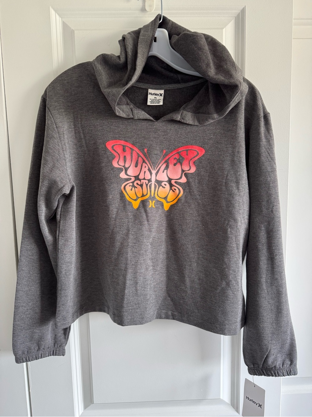Hurley Charcoal Hoodie with Pink and Yellow Butterfly Logo